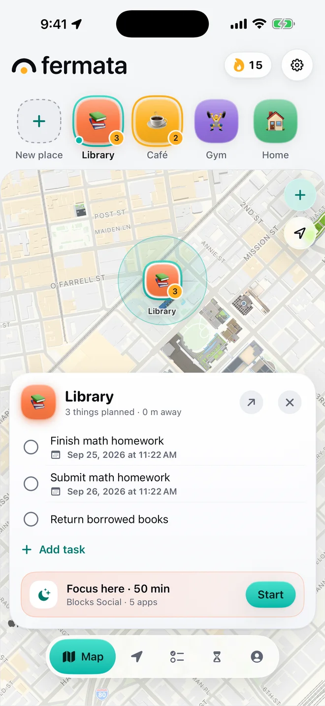 Fermata's Map screen: a row of places (Library with 3 tasks, Café with 2, Gym, Home) above a map, and the Library card listing three tasks with Focus here · 50 min, blocking Social.
